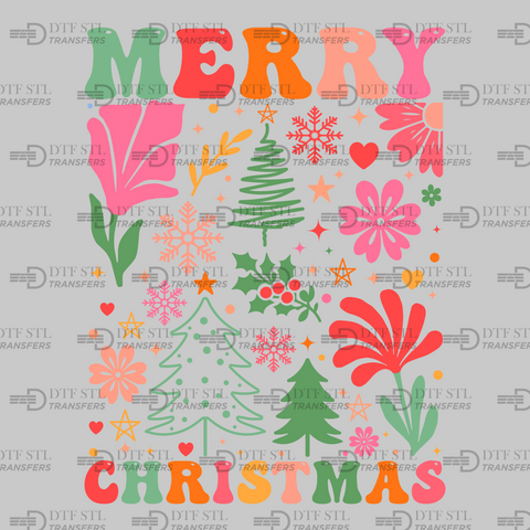 Colorful Flowers- Merry Christmas - (Ready to Press) - Christmas DTF & UVDTF Design