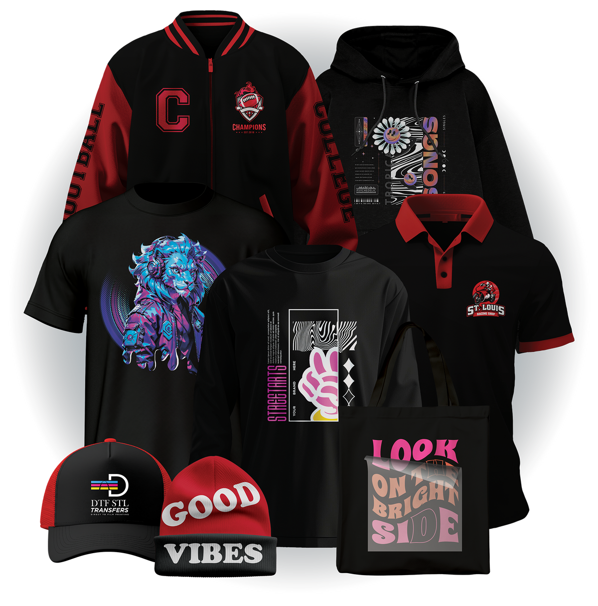 Hoodies, jackets, tees, polos, hats and a tote printed with DTF transfers