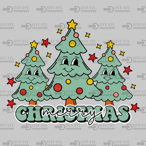Merry Christmas-Cute Christmas Trees - (Ready to Press) - Christmas DTF & UVDTF Design