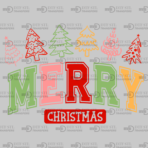 Merry Christmas-Varsity - Trees - (Ready to Press) - Christmas DTF & UVDTF Design